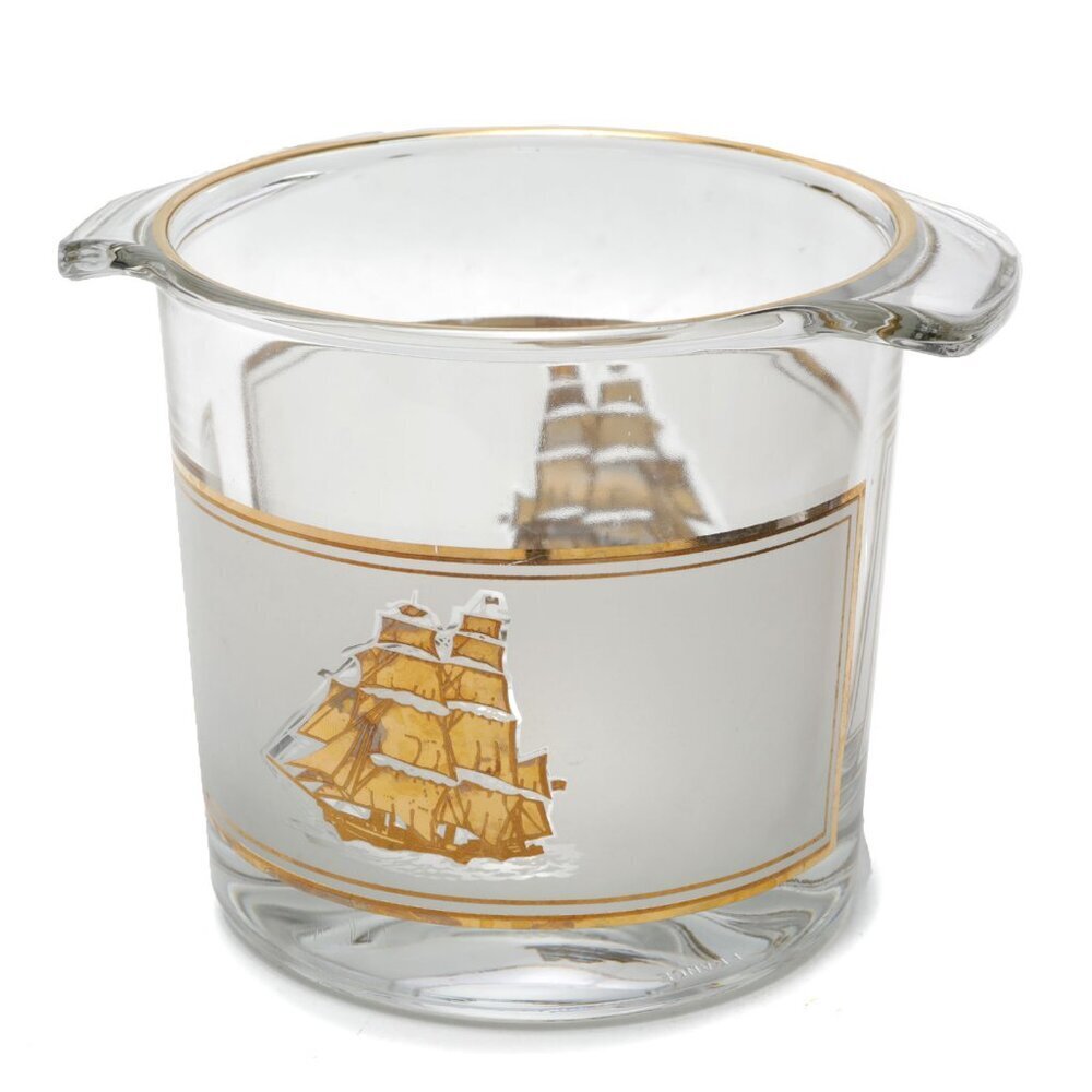 Vintage Nautical Frosted Glass Ice Bucket Ship Gold Clear France  Culver MCM